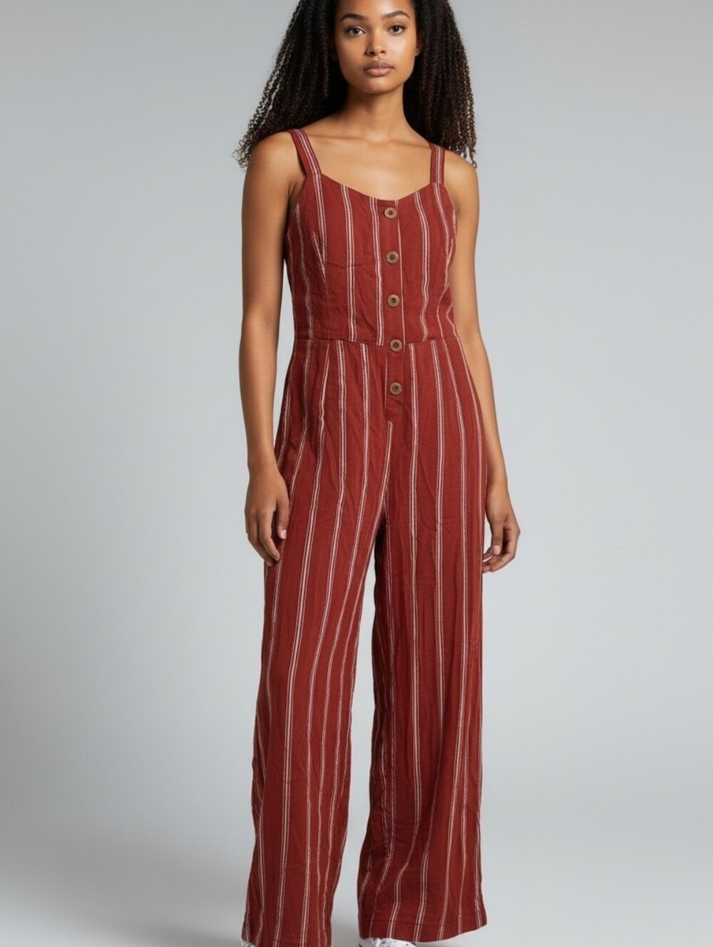 NWT Takara Women's Jumpsuit Rust/White Striped Buttons Ties Elastic Back Sz XL